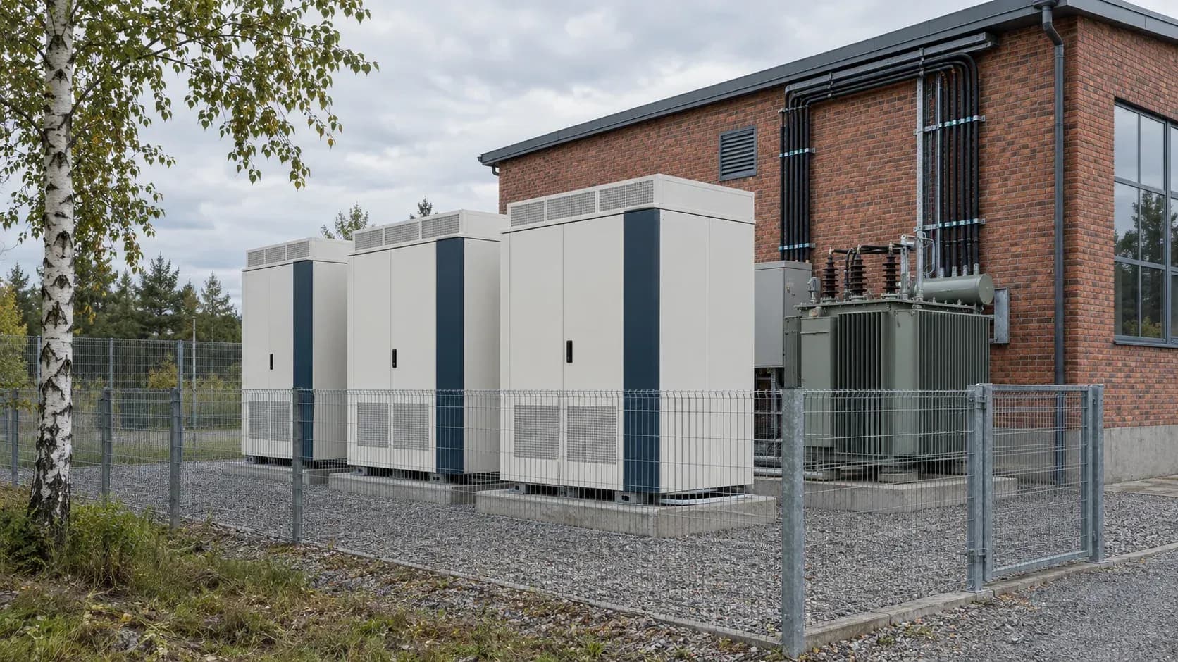 Battery storage units and a transformer behind a fence next to a brick substation