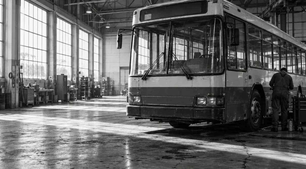 An older bus under repair on a workshop floor, a mechanic working beside it