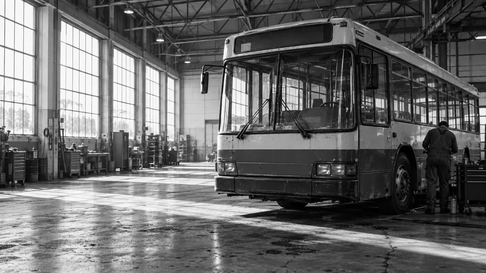 An older bus under repair inside a large workshop hall, a mechanic working beside it